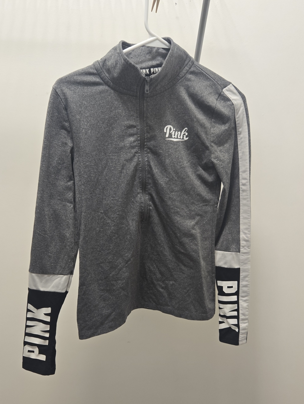 PINK Victoria's Secret Gray Zip-Up Track Jacket with White & Black Accents